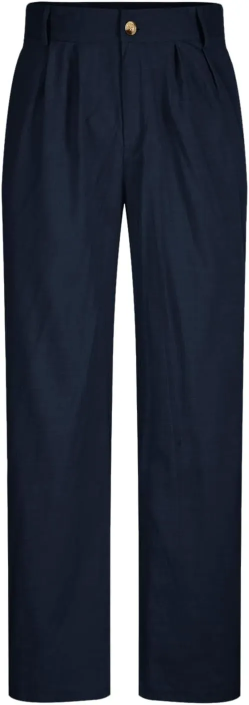 Cotton Linen Pants Men Straight Leg Pleated Work Dress Pants Relaxed Fit Casual Leisure Chino Trousers