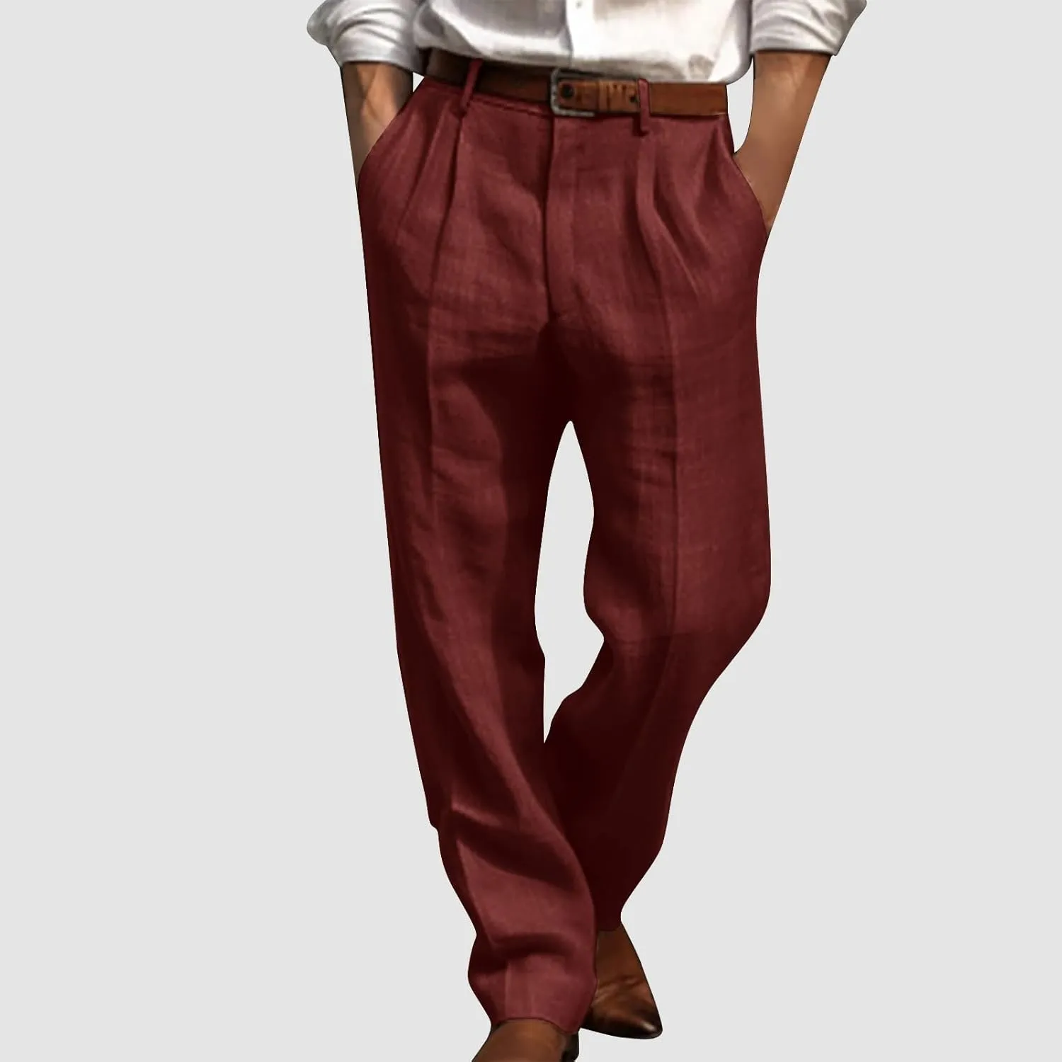 Cotton Linen Pants Men Straight Leg Pleated Work Dress Pants Relaxed Fit Casual Leisure Chino Trousers