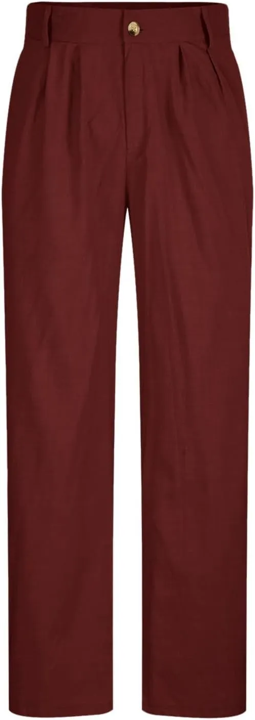 Cotton Linen Pants Men Straight Leg Pleated Work Dress Pants Relaxed Fit Casual Leisure Chino Trousers