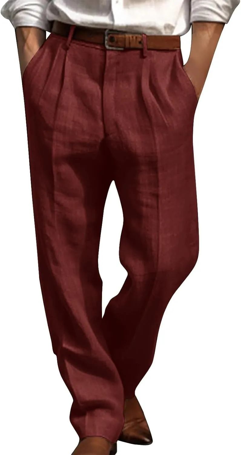 Cotton Linen Pants Men Straight Leg Pleated Work Dress Pants Relaxed Fit Casual Leisure Chino Trousers