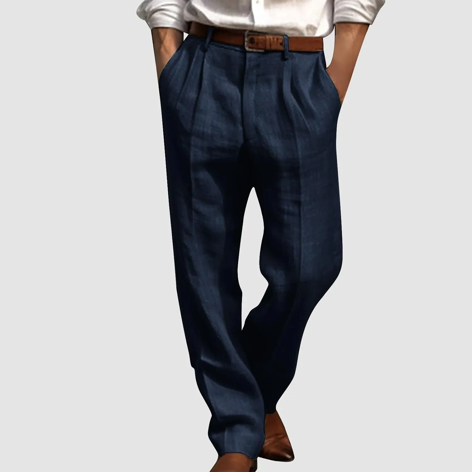 Cotton Linen Pants Men Straight Leg Pleated Work Dress Pants Relaxed Fit Casual Leisure Chino Trousers