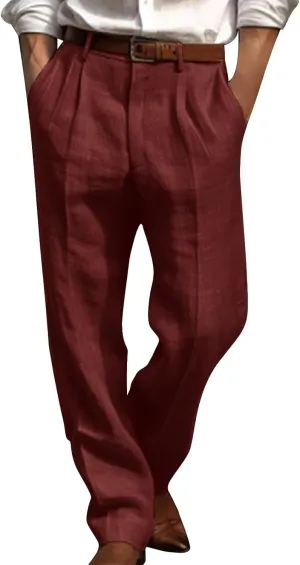 Cotton Linen Pants Men Straight Leg Pleated Work Dress Pants Relaxed Fit Casual Leisure Chino Trousers