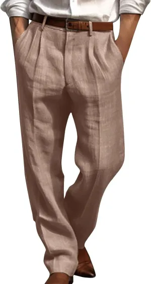 Cotton Linen Pants Men Straight Leg Pleated Work Dress Pants Relaxed Fit Casual Leisure Chino Trousers