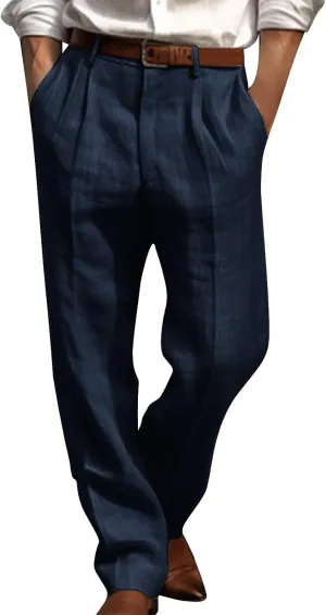Cotton Linen Pants Men Straight Leg Pleated Work Dress Pants Relaxed Fit Casual Leisure Chino Trousers