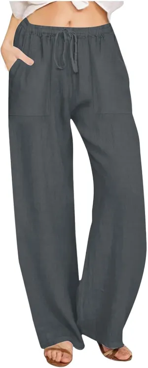 Cotton Linen Pants Women 2025 Summer Wide Leg Casual Loose Trousers Drawstring High Waist Palazzo Pants with Pockets
