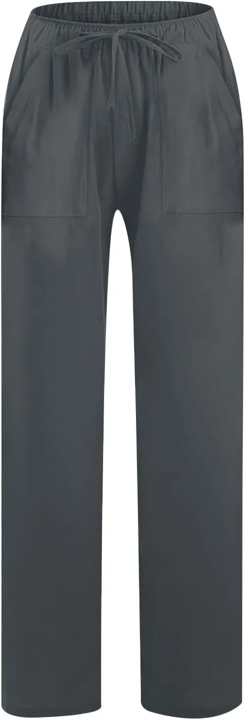 Cotton Linen Pants Women 2025 Summer Wide Leg Casual Loose Trousers Drawstring High Waist Palazzo Pants with Pockets