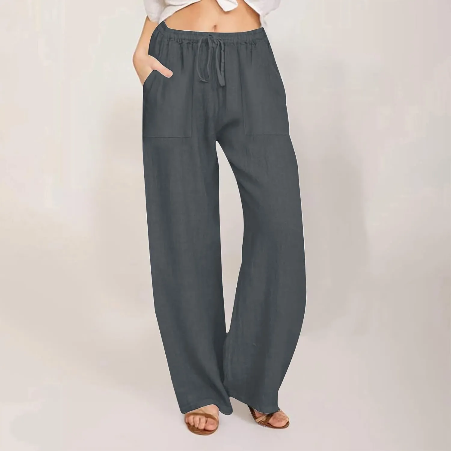 Cotton Linen Pants Women 2025 Summer Wide Leg Casual Loose Trousers Drawstring High Waist Palazzo Pants with Pockets