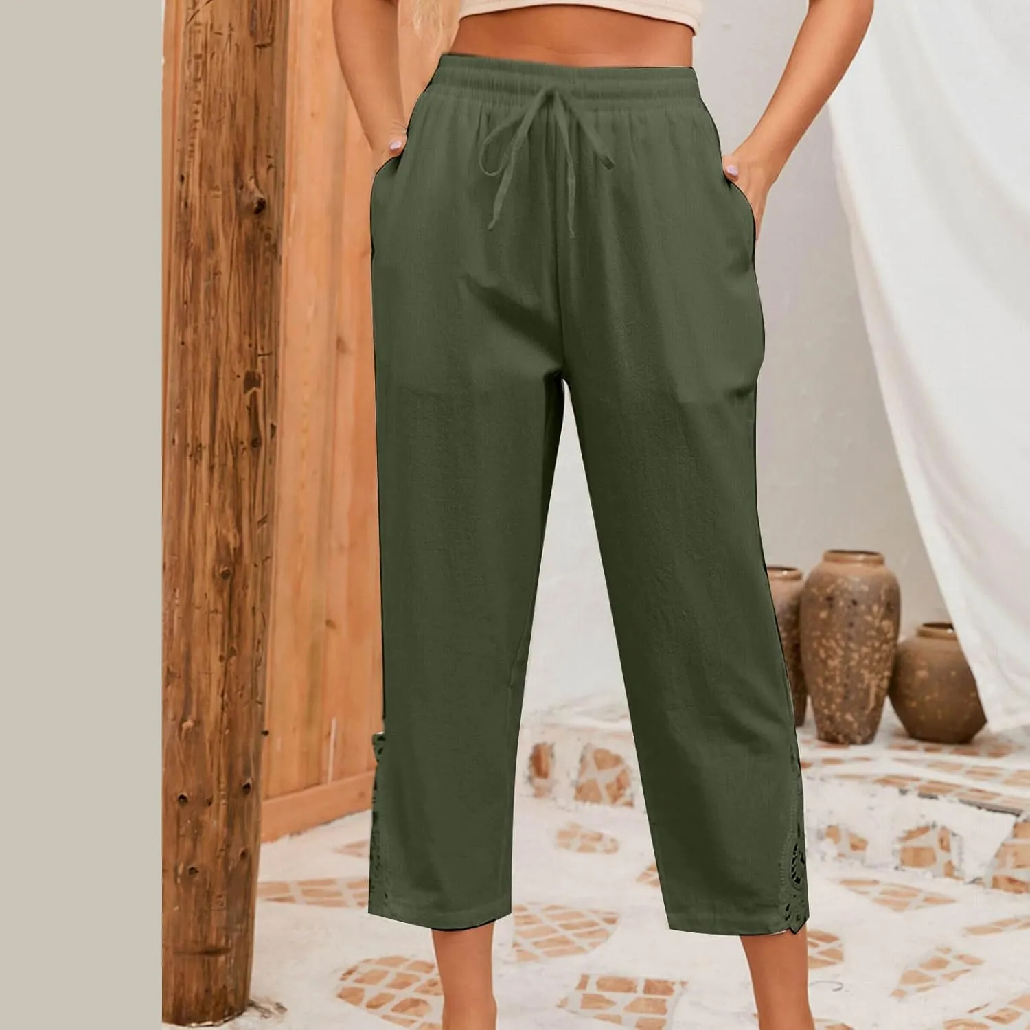 Cotton Linen Pants Women Summer Casual Loose Elastic High Waist Beach Trousers with Pockets Lace Buttom Capri Pants