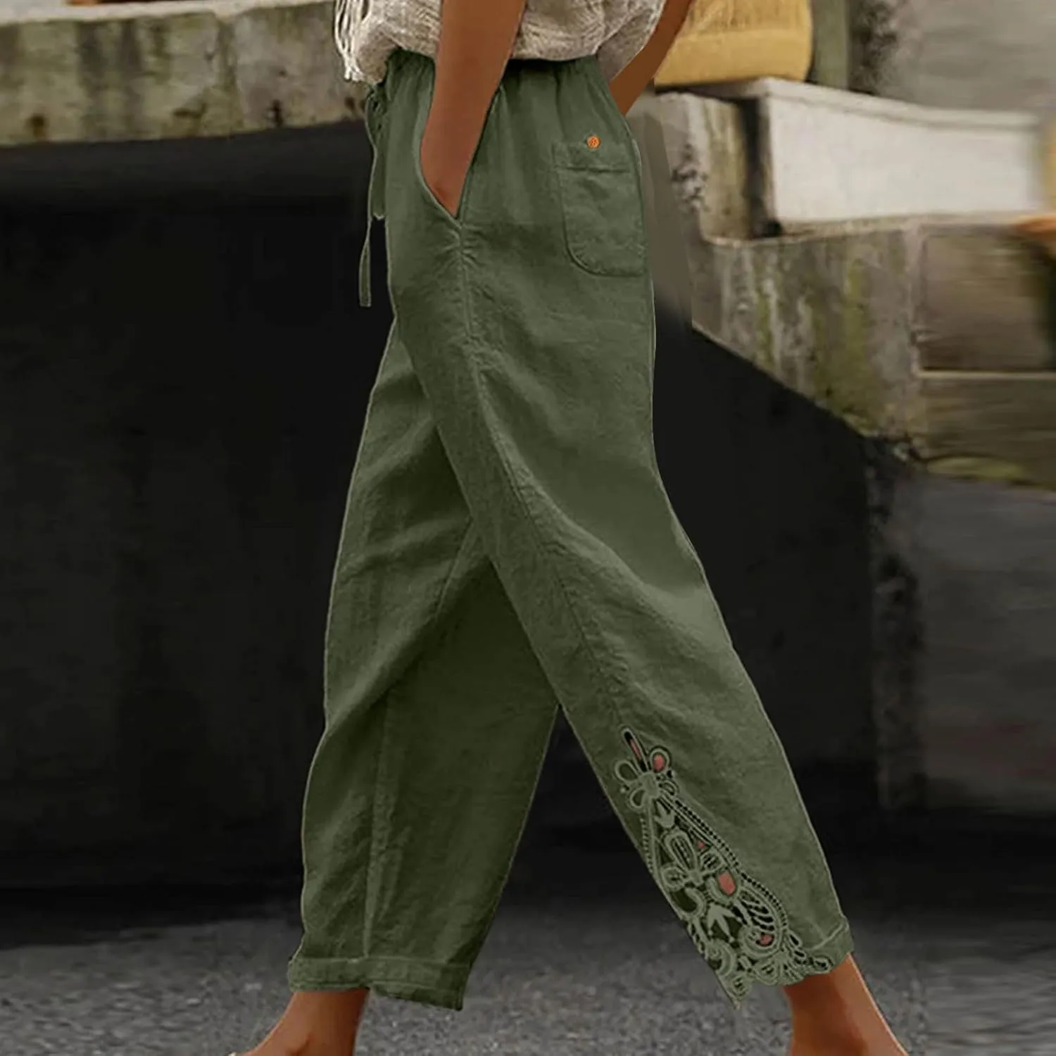 Cotton Linen Pants Women Summer Casual Loose Elastic High Waist Beach Trousers with Pockets Lace Buttom Capri Pants