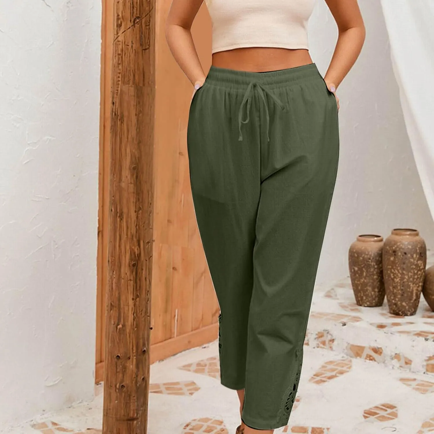 Cotton Linen Pants Women Summer Casual Loose Elastic High Waist Beach Trousers with Pockets Lace Buttom Capri Pants