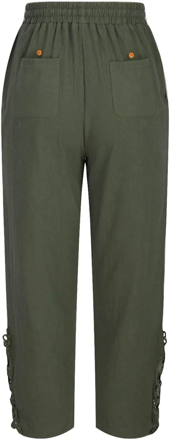 Cotton Linen Pants Women Summer Casual Loose Elastic High Waist Beach Trousers with Pockets Lace Buttom Capri Pants