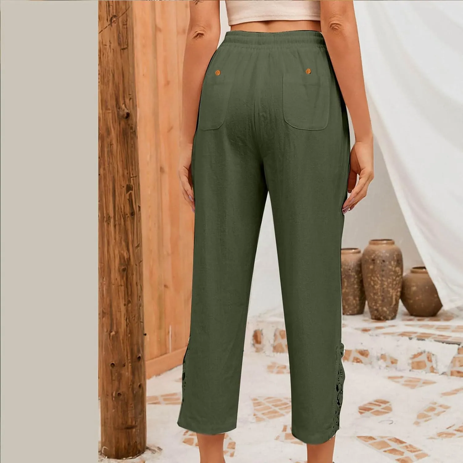 Cotton Linen Pants Women Summer Casual Loose Elastic High Waist Beach Trousers with Pockets Lace Buttom Capri Pants