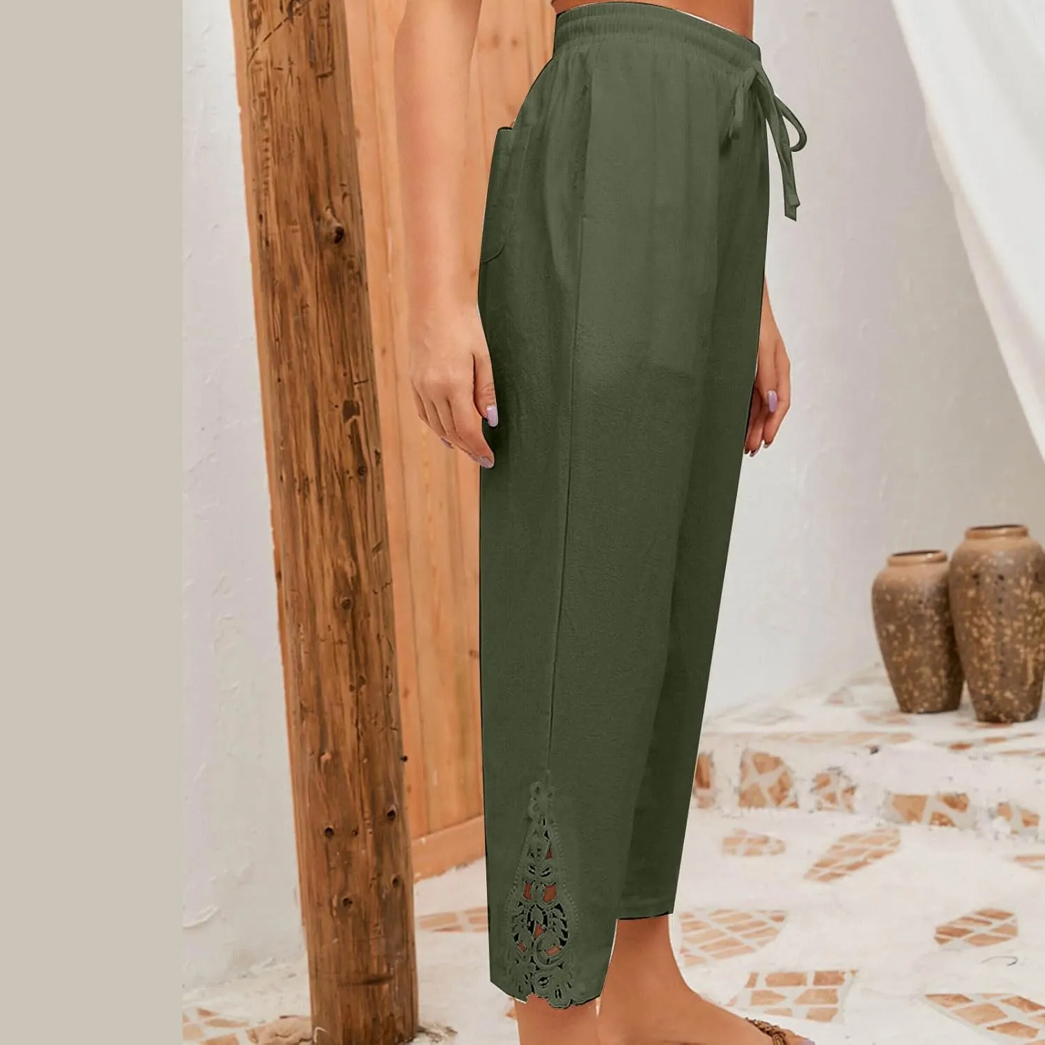 Cotton Linen Pants Women Summer Casual Loose Elastic High Waist Beach Trousers with Pockets Lace Buttom Capri Pants