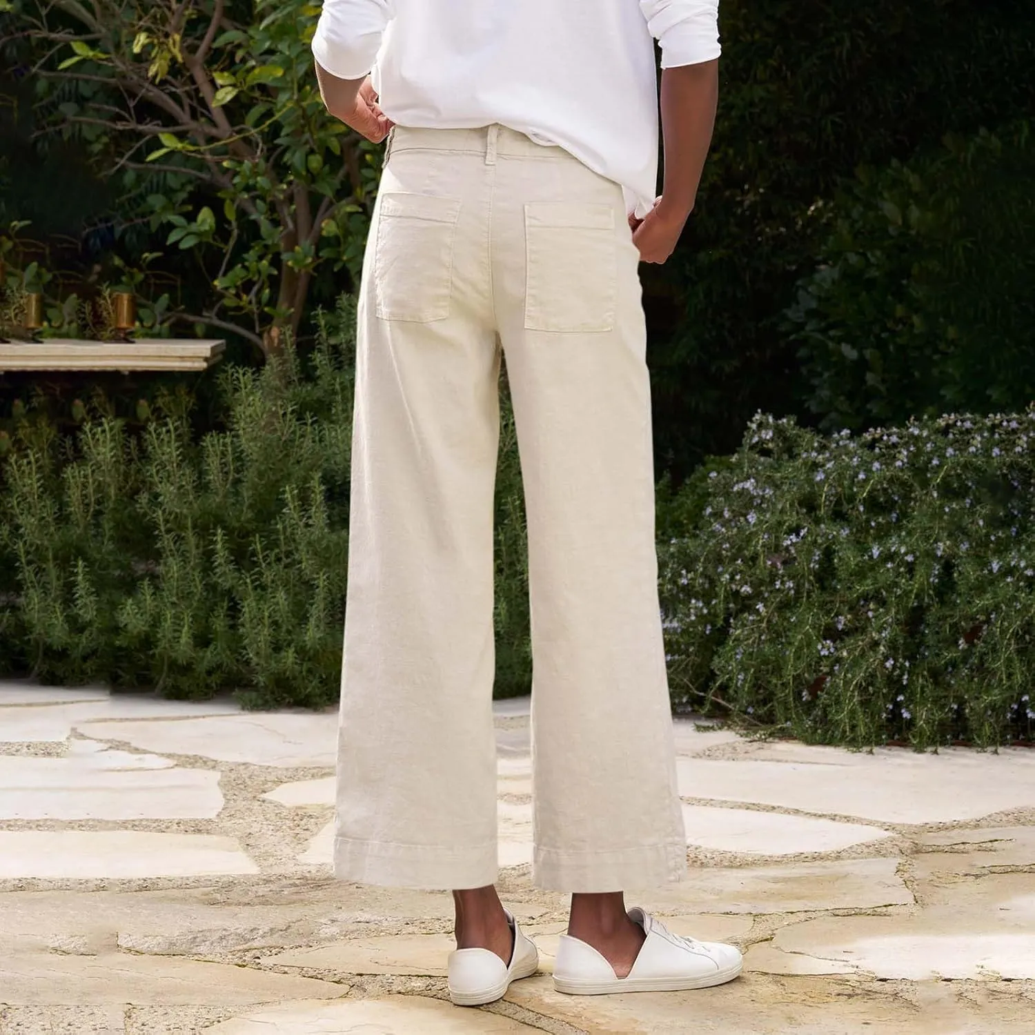 Cropped Linen Pants Women Elastic Waist Teacher Pants Lightweight Summer Comfy Capri Work Pants Loose Ankle Pants
