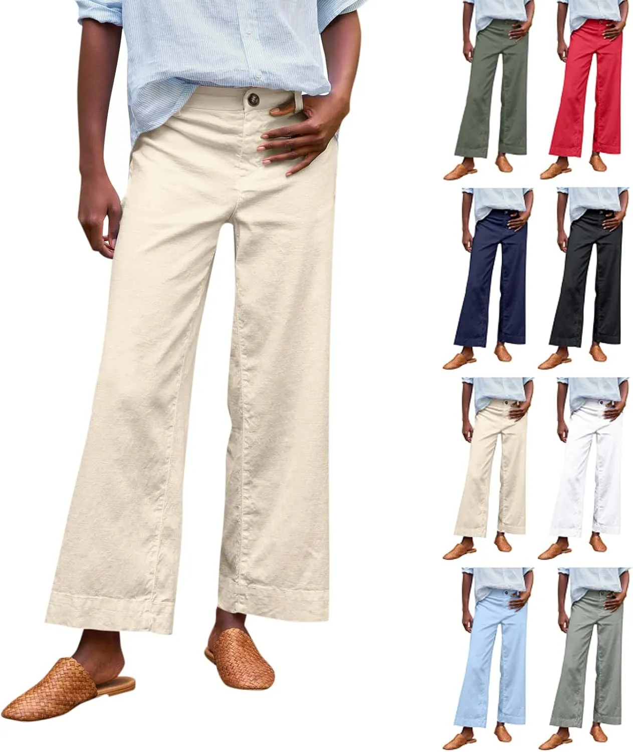 Cropped Linen Pants Women Elastic Waist Teacher Pants Lightweight Summer Comfy Capri Work Pants Loose Ankle Pants