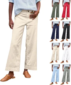 Cropped Linen Pants Women Elastic Waist Teacher Pants Lightweight Summer Comfy Capri Work Pants Loose Ankle Pants