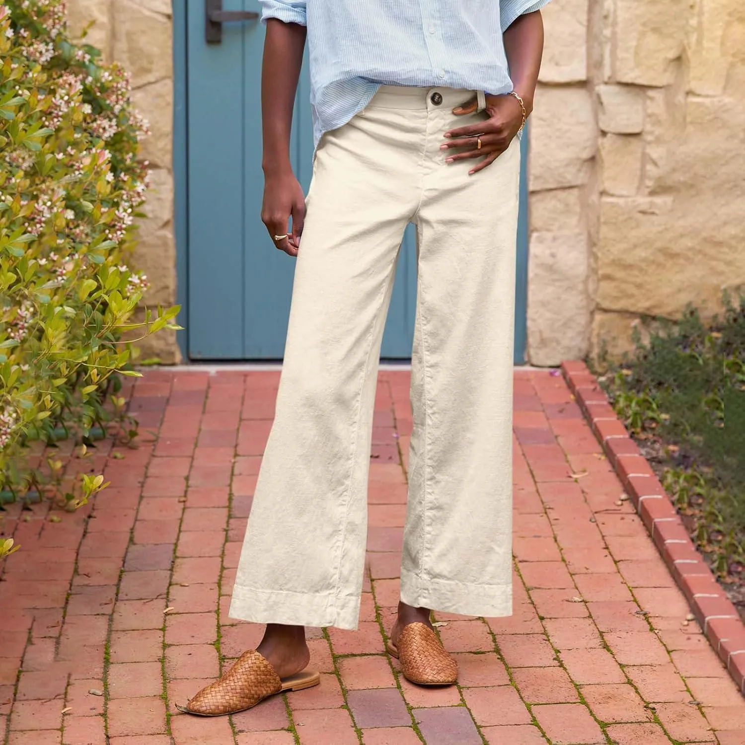 Cropped Linen Pants Women Elastic Waist Teacher Pants Lightweight Summer Comfy Capri Work Pants Loose Ankle Pants