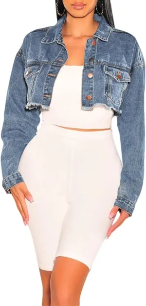 CutieLove Women's Cropped Denim Jackets Long Sleeve Destroyed Crop Top Casual Jean Coat