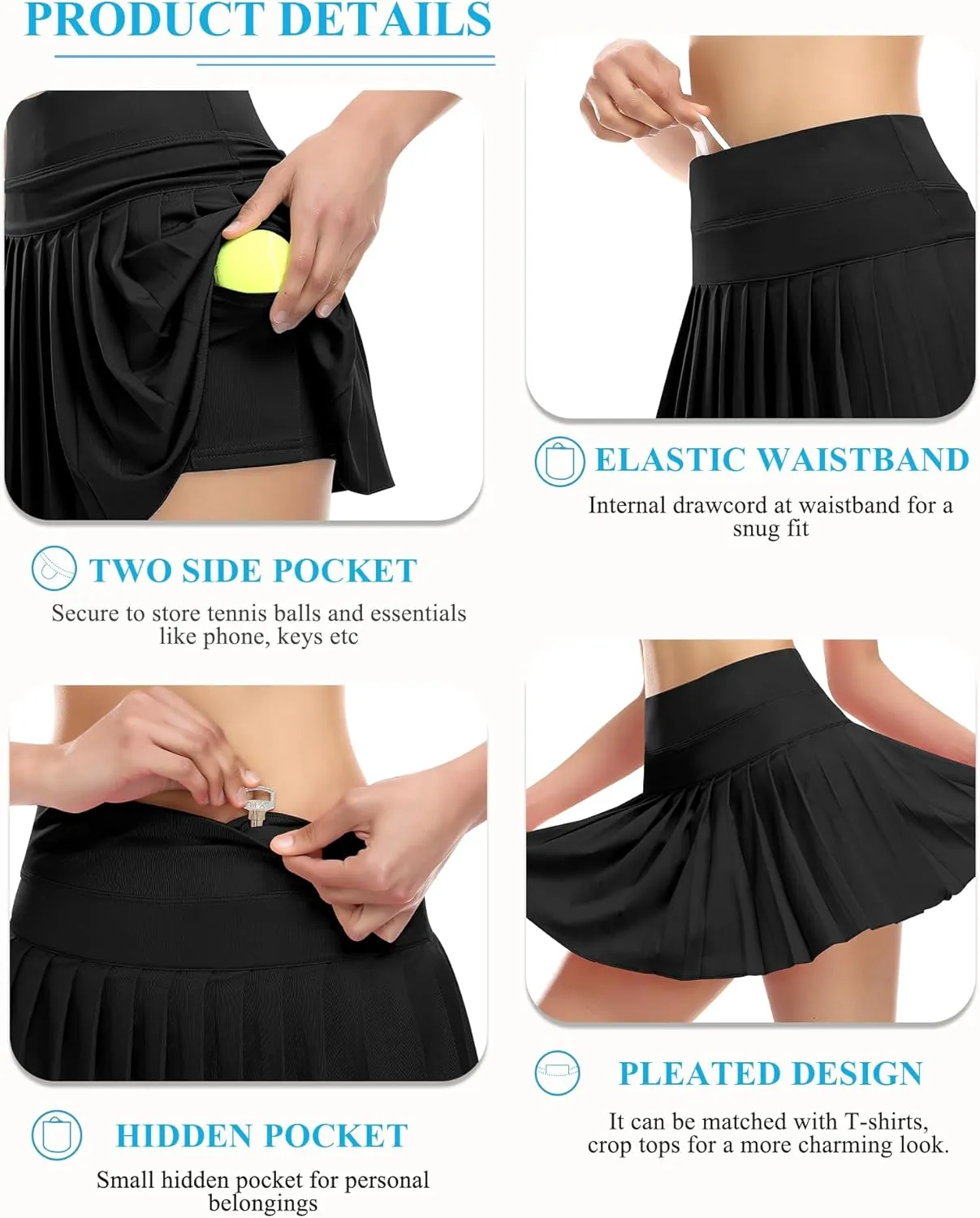 DERCA Pleated Tennis Skirt for Women with Pockets Shorts Athletic Golf Skirts Workout Sports Activewear Skort