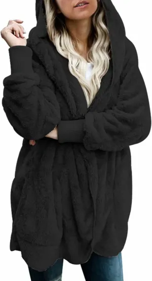 Dokotoo Womens 2024 Winter Long Sleeve Solid Fuzzy Fleece Open Front Hooded Cardigans Jacket Coats Outerwear with Pocket