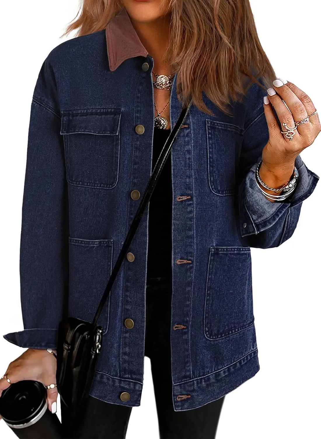 Dokotoo Women's Denim Jacket Oversized Contrast Collar Jean Jackets 2025 Spring Outfits Vintage Long Sleeve Shirts