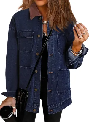 Dokotoo Women's Denim Jacket Oversized Contrast Collar Jean Jackets 2025 Spring Outfits Vintage Long Sleeve Shirts