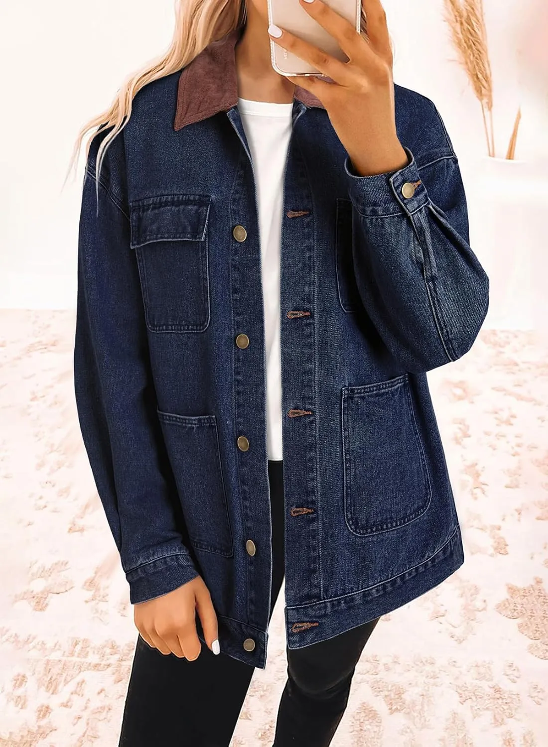 Dokotoo Women's Denim Jacket Oversized Contrast Collar Jean Jackets 2025 Spring Outfits Vintage Long Sleeve Shirts