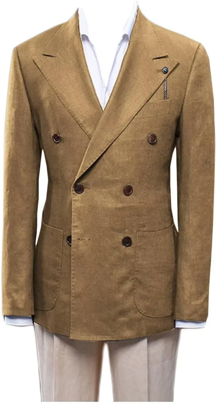 Double Breasted Peak Lapel Blazer Jacket for Men Linen Slim Fit Wedding Business Casual Sport Coats