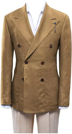 Double Breasted Peak Lapel Blazer Jacket for Men Linen Slim Fit Wedding Business Casual Sport Coats