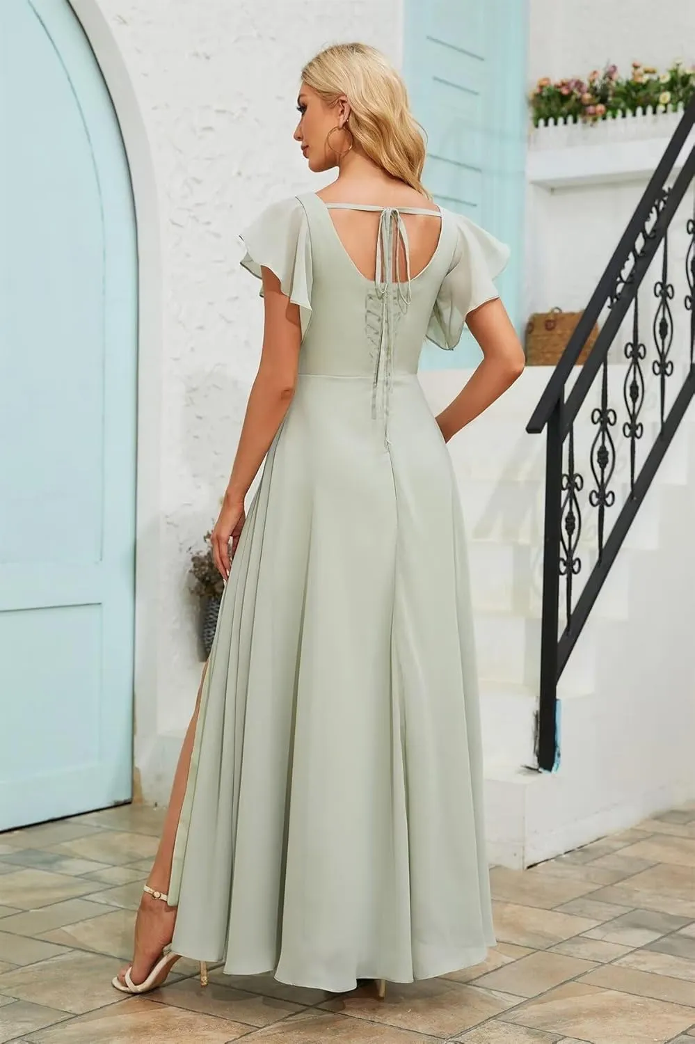 DREAMIND Chiffon Bridesmaid Dresses Square Neck Wedding Guest Dress for Women Formal Evening Gowns with Slit