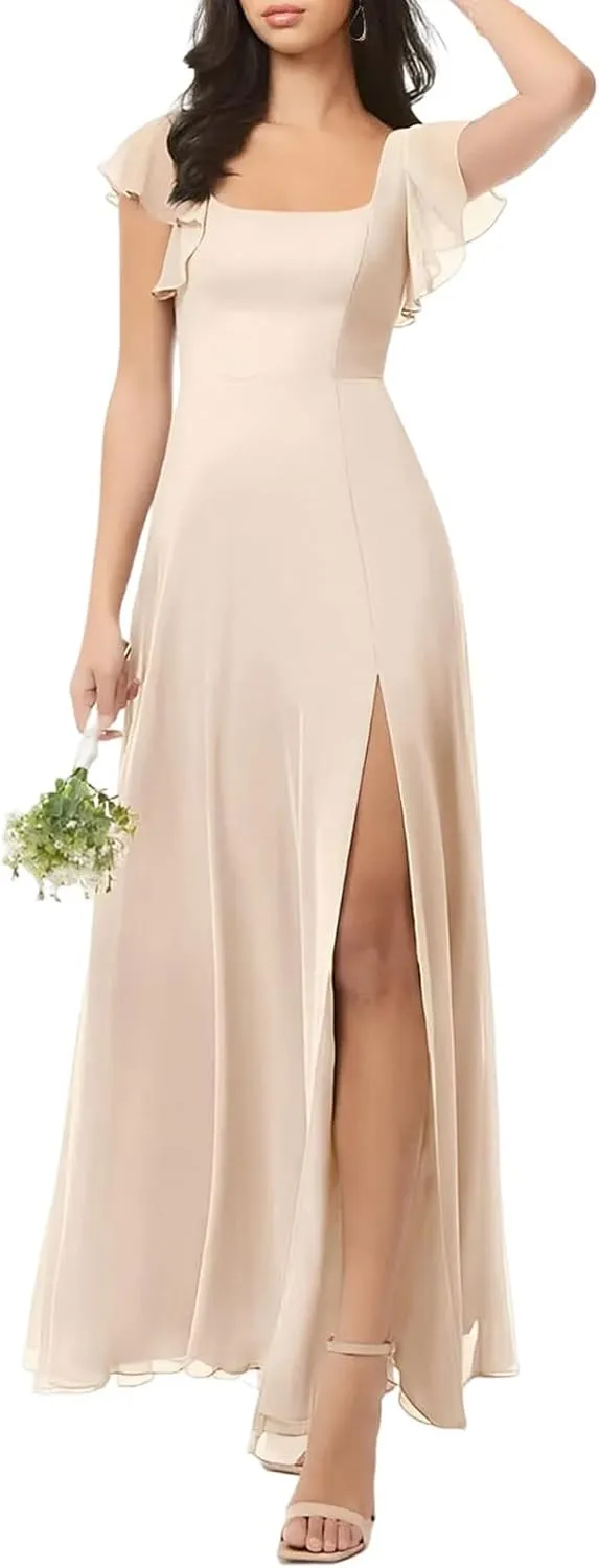 DREAMIND Chiffon Bridesmaid Dresses Square Neck Wedding Guest Dress for Women Formal Evening Gowns with Slit