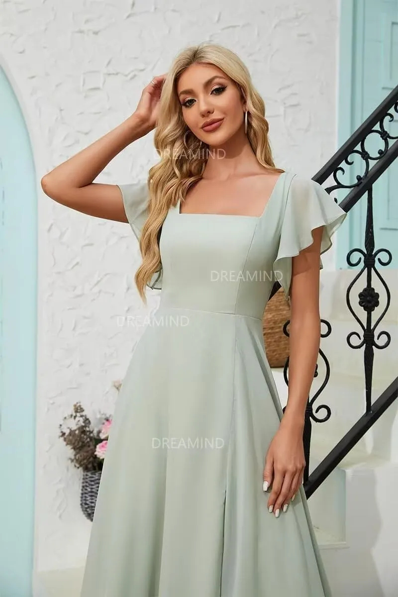 DREAMIND Chiffon Bridesmaid Dresses Square Neck Wedding Guest Dress for Women Formal Evening Gowns with Slit