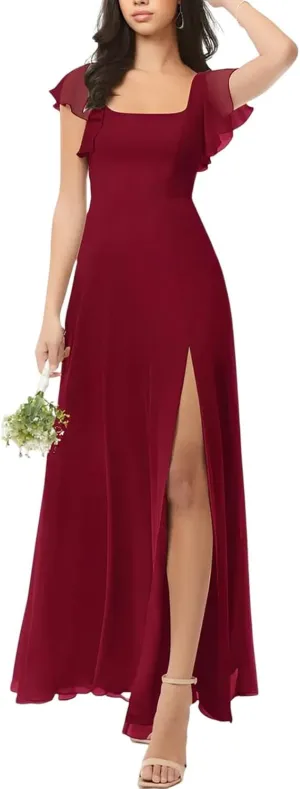 DREAMIND Chiffon Bridesmaid Dresses Square Neck Wedding Guest Dress for Women Formal Evening Gowns with Slit