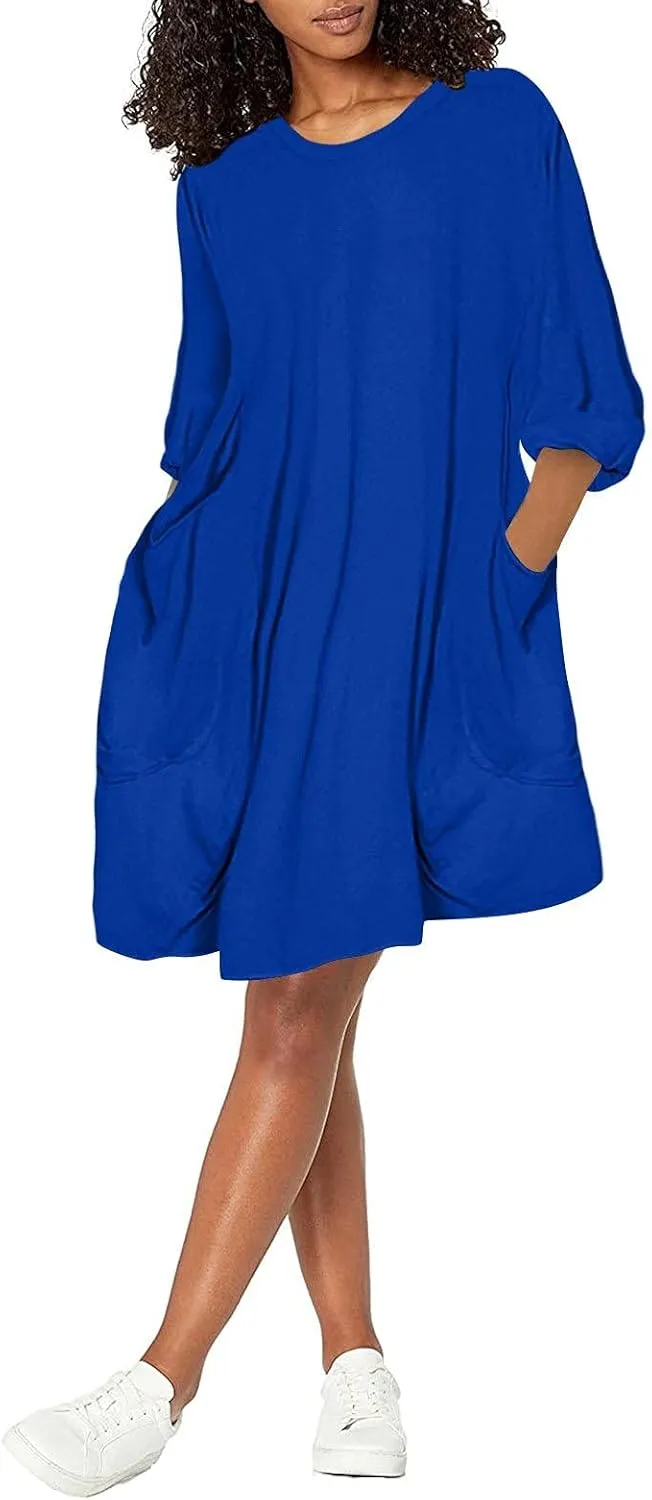 Dresses for Women 2024,Summer Casual Loose Long Top Crewneck 3/4 Sleeve Solid Lightweight Plus Size Dress with Pocket
