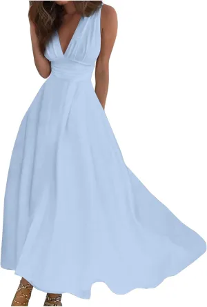 Dresses for Women 2025 Sleeveless Floral Print Sundress Wrap V Neck Flowy Ruched Boho Dress High Waist Maxi Dress