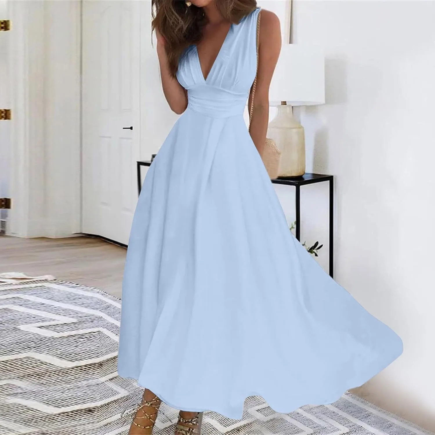 Dresses for Women 2025 Sleeveless Floral Print Sundress Wrap V Neck Flowy Ruched Boho Dress High Waist Maxi Dress