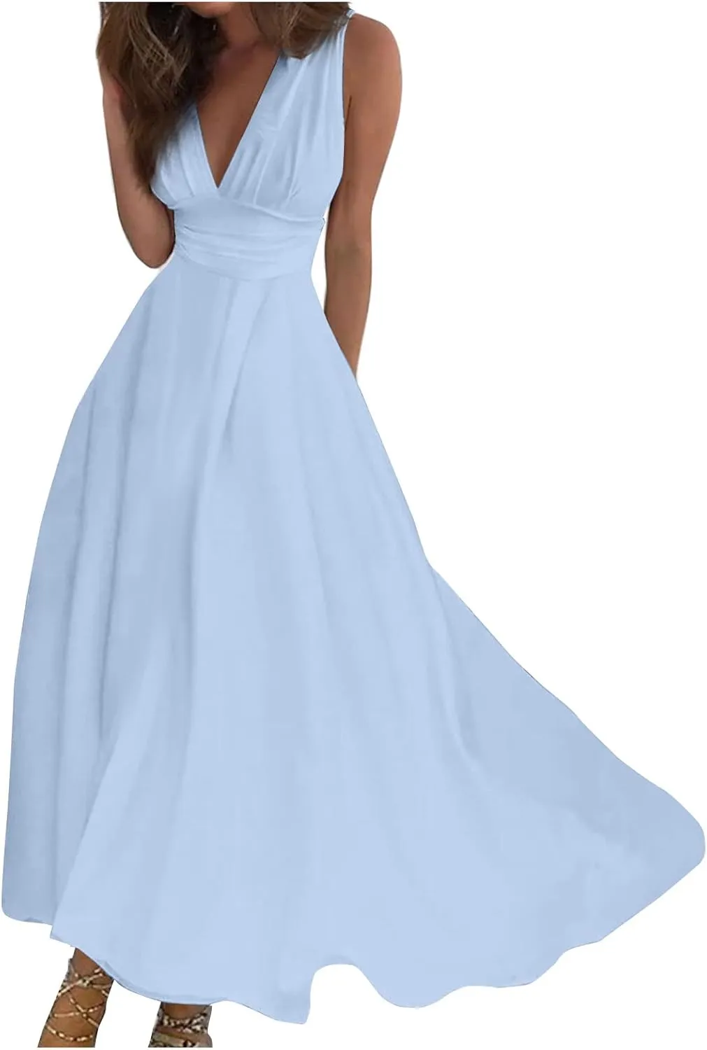 Dresses for Women 2025 Sleeveless Floral Print Sundress Wrap V Neck Flowy Ruched Boho Dress High Waist Maxi Dress