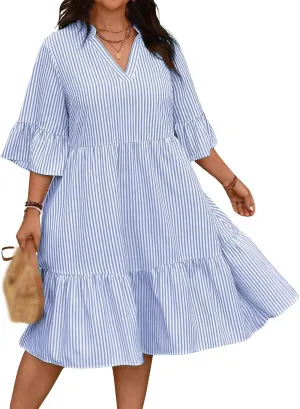Dresses for Women 2025 Summer Striped Ruffle Mini Dress V Neck Short Sleeve Dresses Loose A Line Flowy Beach Dress