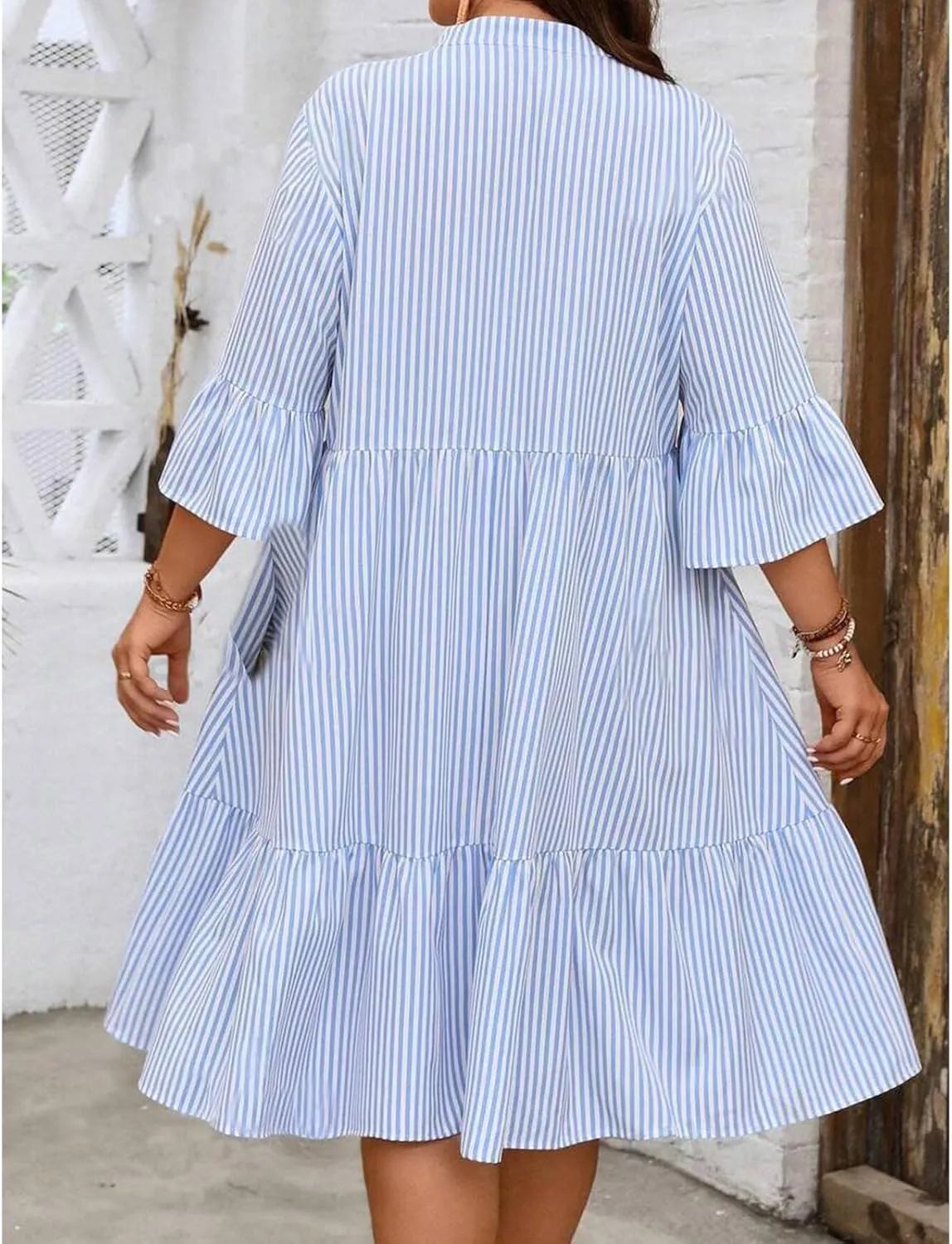 Dresses for Women 2025 Summer Striped Ruffle Mini Dress V Neck Short Sleeve Dresses Loose A Line Flowy Beach Dress