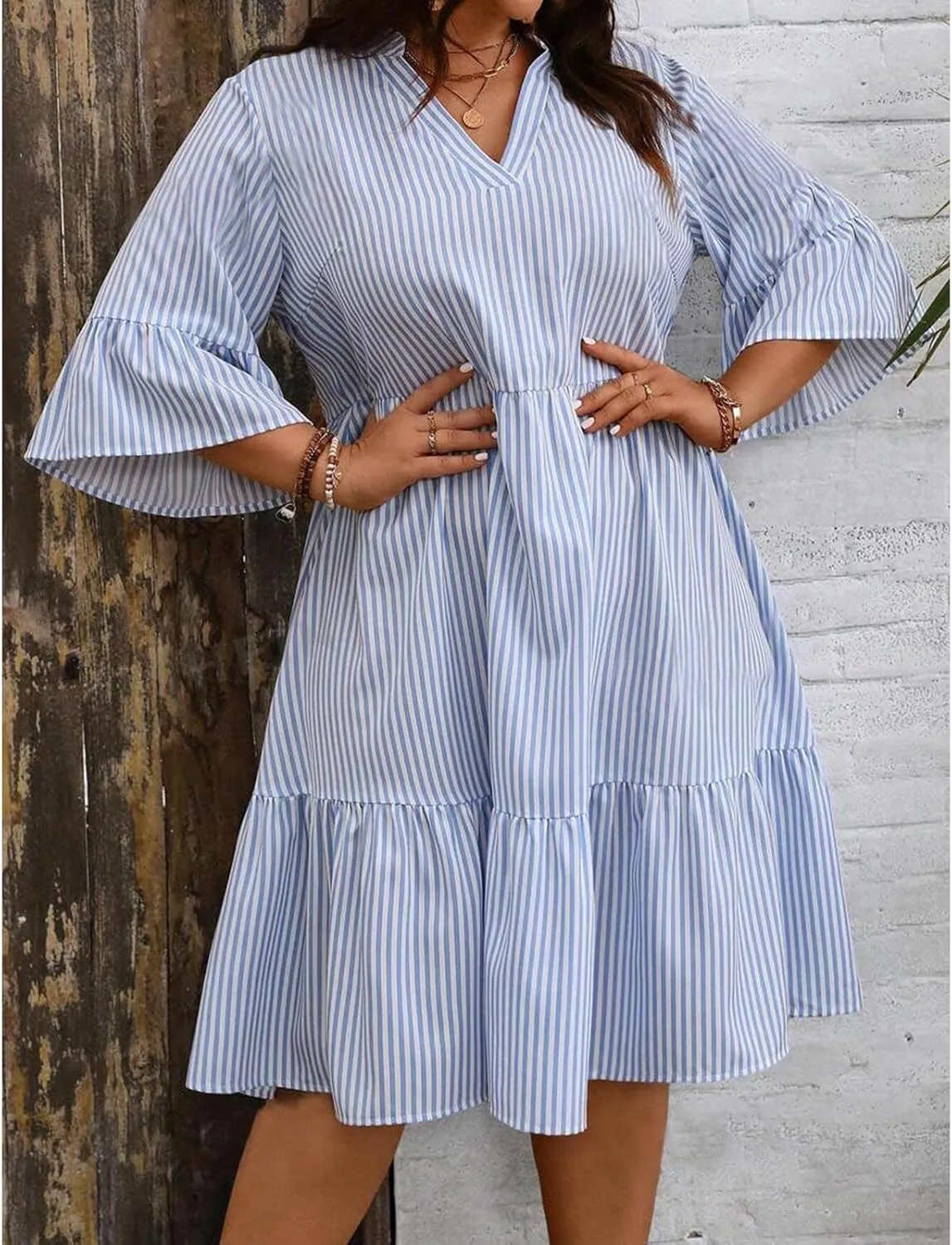 Dresses for Women 2025 Summer Striped Ruffle Mini Dress V Neck Short Sleeve Dresses Loose A Line Flowy Beach Dress