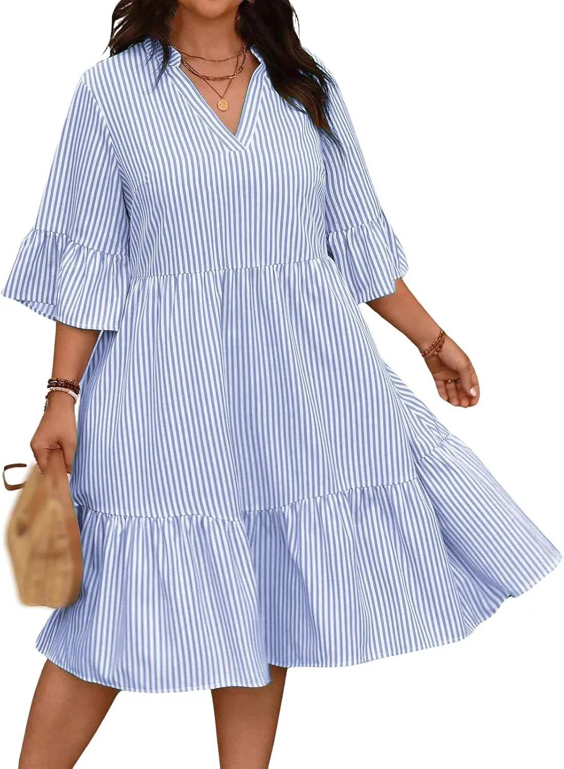 Dresses for Women 2025 Summer Striped Ruffle Mini Dress V Neck Short Sleeve Dresses Loose A Line Flowy Beach Dress