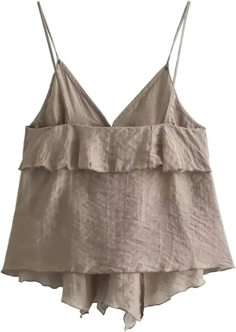 ERFMFKL Womens Solid Ruffle Tube Crop Tank Top V-Neck Sleeveless Backless Tierred Camisole Tops