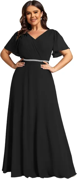 Ever-Pretty Beading Waist A Line Short Sleeves Chiffon Plus Size Maxi Formal Evening Dresses for Curvy Women 11981-DA