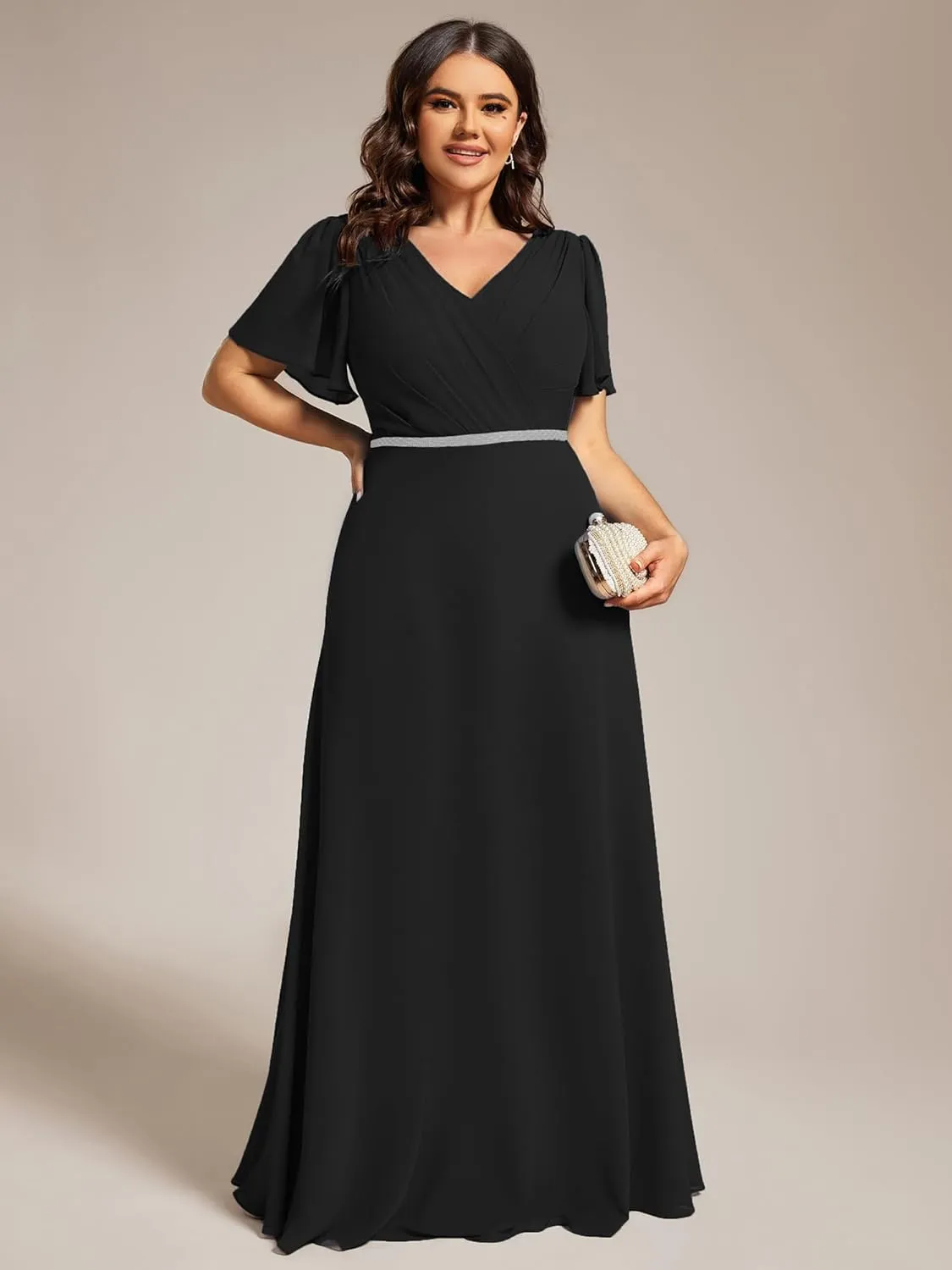 Ever-Pretty Beading Waist A Line Short Sleeves Chiffon Plus Size Maxi Formal Evening Dresses for Curvy Women 11981-DA