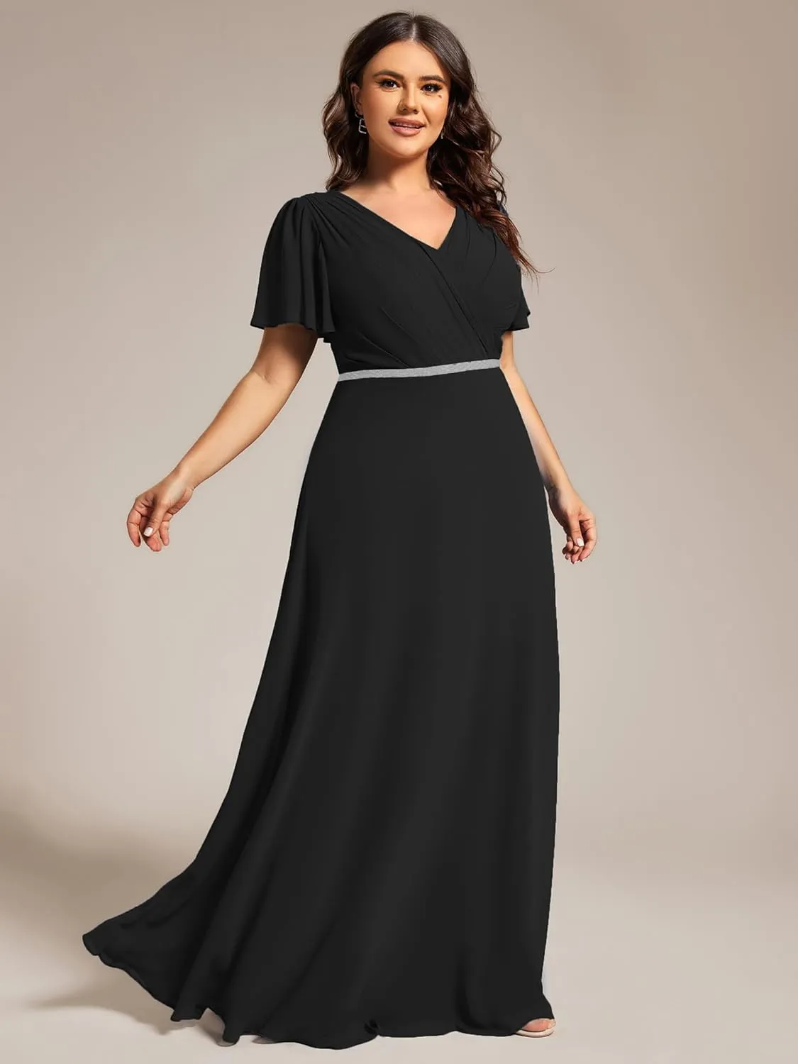 Ever-Pretty Beading Waist A Line Short Sleeves Chiffon Plus Size Maxi Formal Evening Dresses for Curvy Women 11981-DA