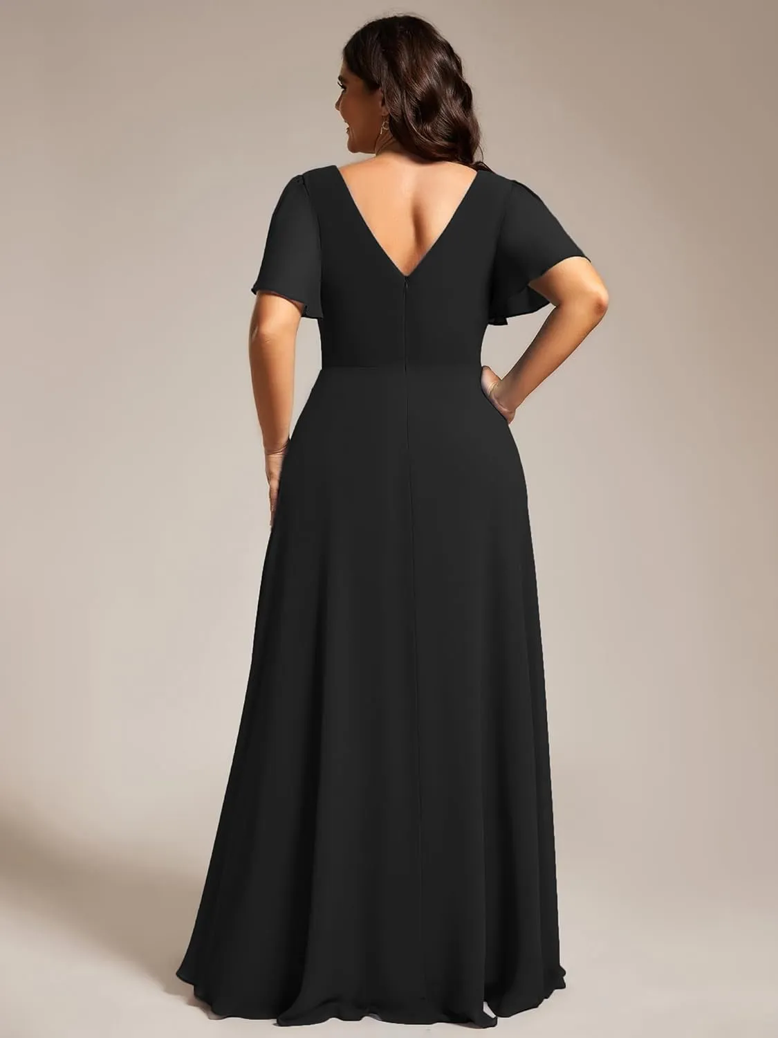 Ever-Pretty Beading Waist A Line Short Sleeves Chiffon Plus Size Maxi Formal Evening Dresses for Curvy Women 11981-DA