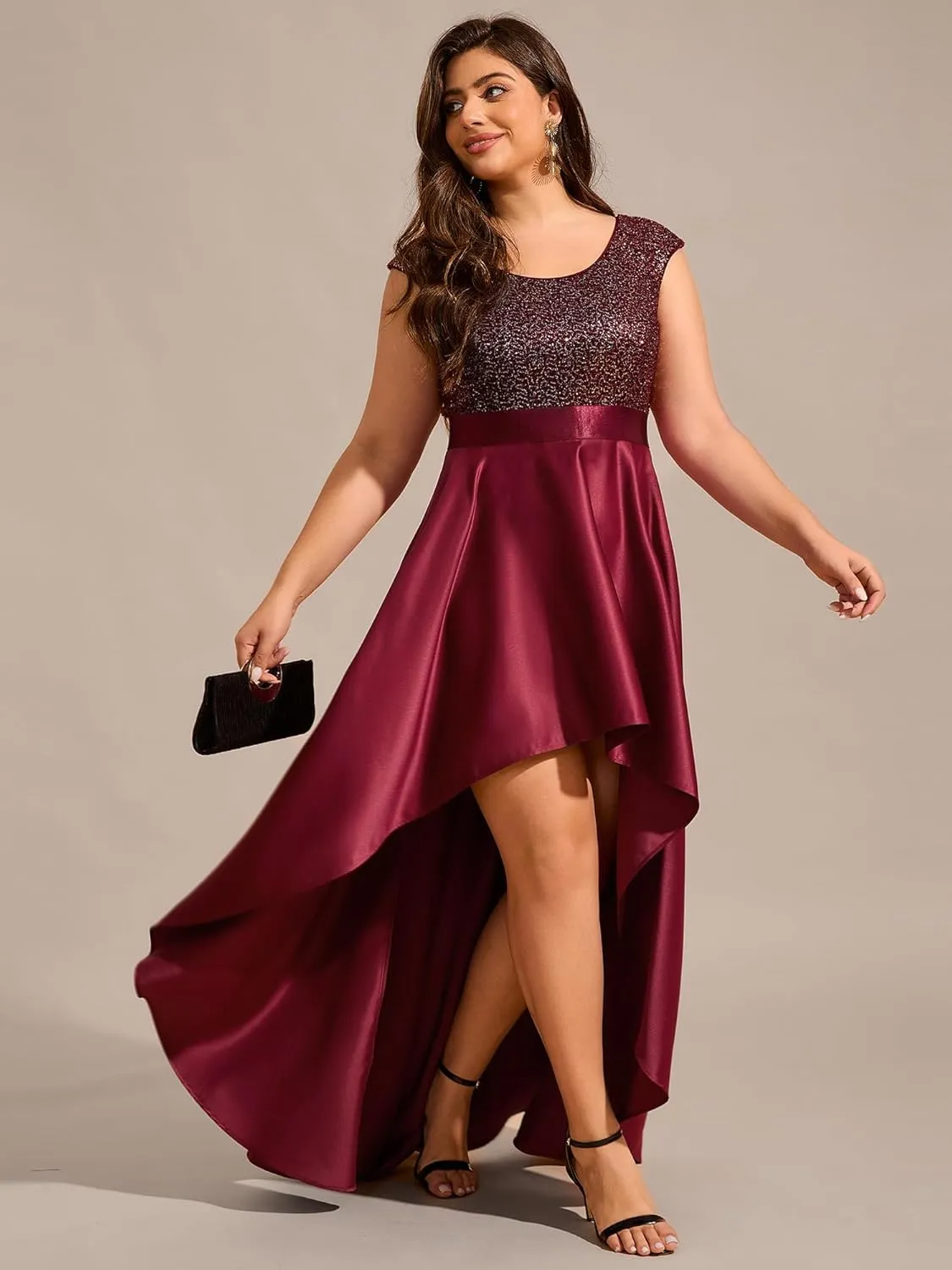 Ever-Pretty Plus Women's Round Neck Satin Sequin A Line Plus Size High Low Prom Evening Dresses with Sleeves 03667-DA