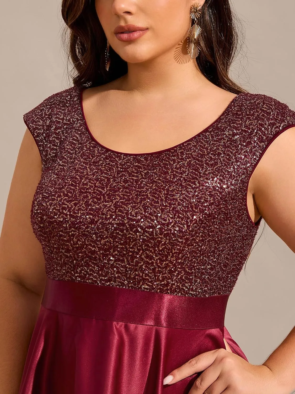 Ever-Pretty Plus Women's Round Neck Satin Sequin A Line Plus Size High Low Prom Evening Dresses with Sleeves 03667-DA