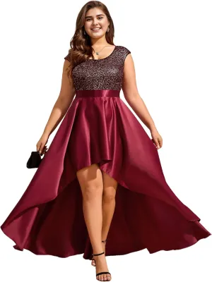 Ever-Pretty Plus Women's Round Neck Satin Sequin A Line Plus Size High Low Prom Evening Dresses with Sleeves 03667-DA