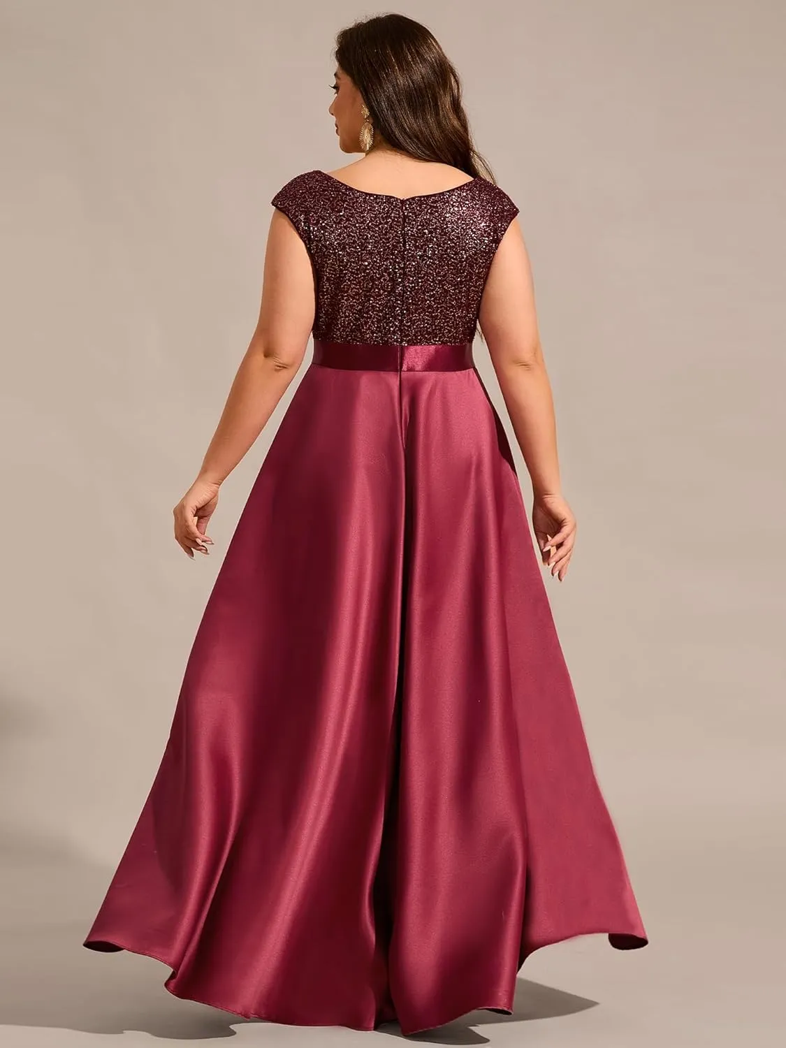 Ever-Pretty Plus Women's Round Neck Satin Sequin A Line Plus Size High Low Prom Evening Dresses with Sleeves 03667-DA
